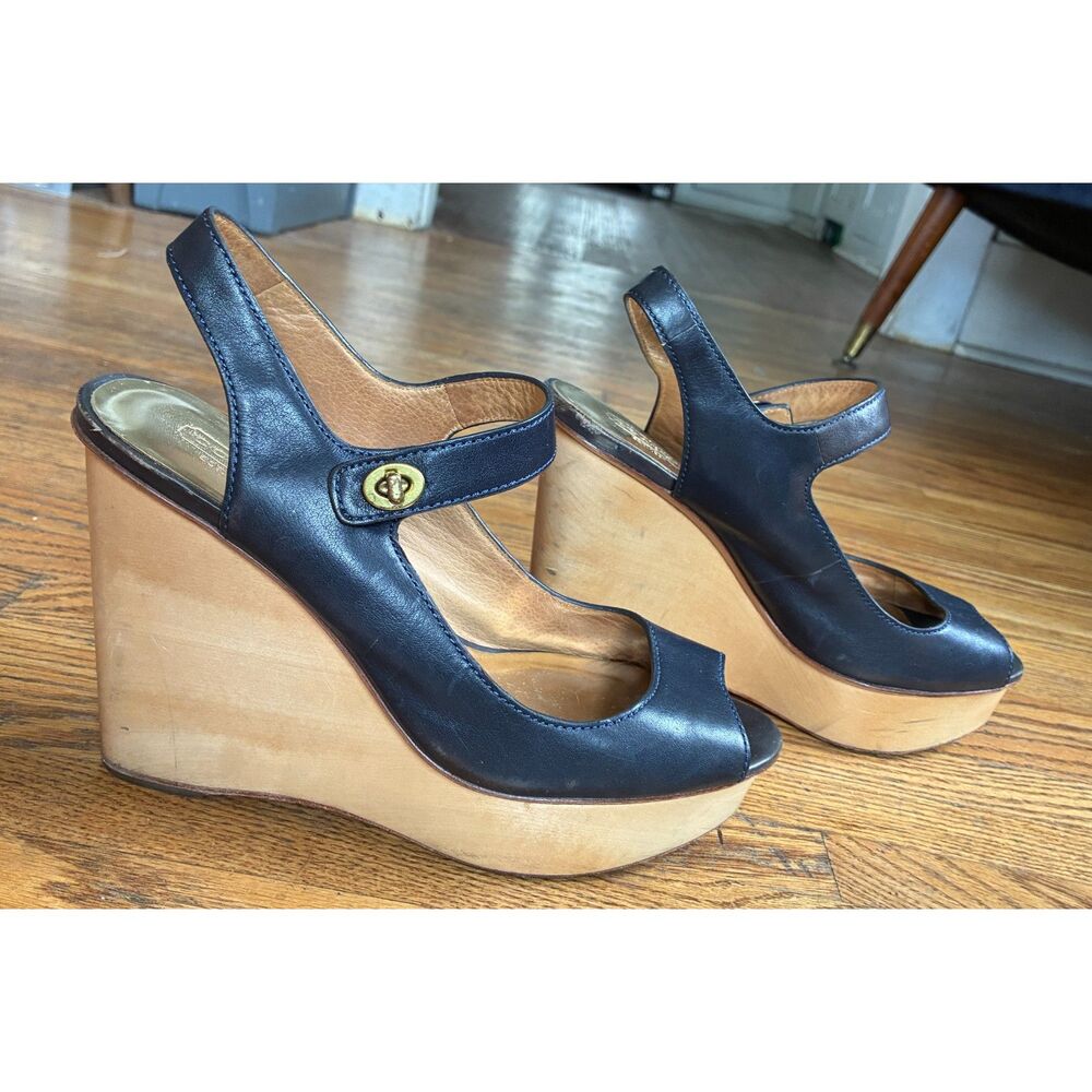 COACH Vintage Blue Wood Platform Peep Toe Wedge Heels Sandals  Women's Size 8.5 - Picture 3 of 12